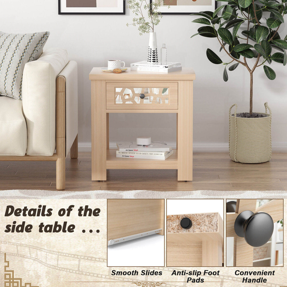 Wood Retro End Table with Mirrored Glass Drawer and Open Storage Shelf-Natural-End & Side Tables-DECOROLALA