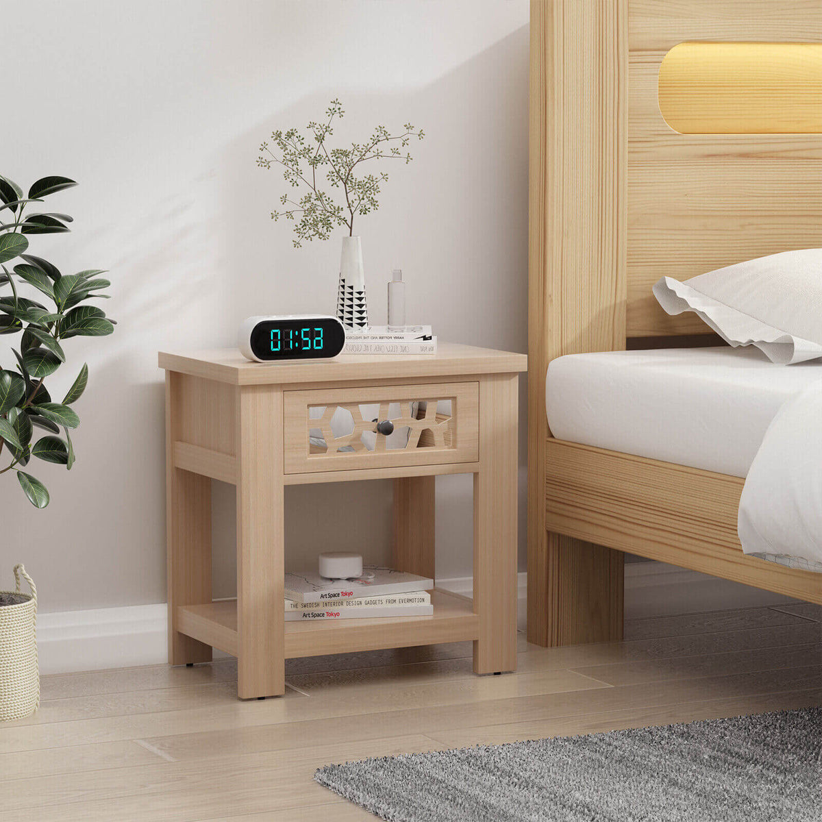 Wood Retro End Table with Mirrored Glass Drawer and Open Storage Shelf-Natural-End & Side Tables-DECOROLALA