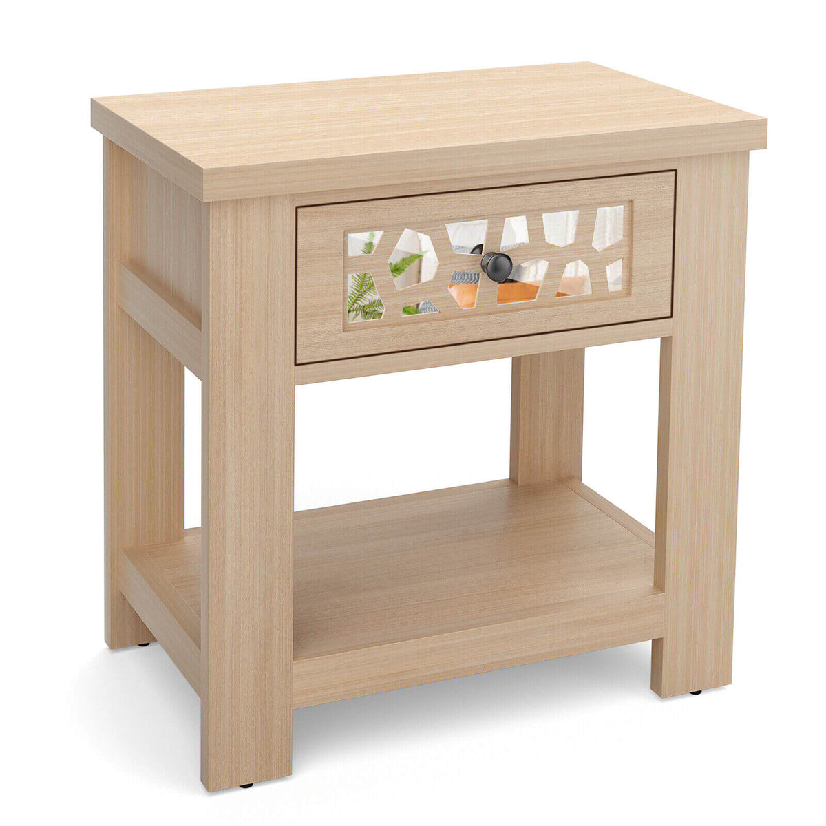 Wood Retro End Table with Mirrored Glass Drawer and Open Storage Shelf-Natural-End & Side Tables-DECOROLALA