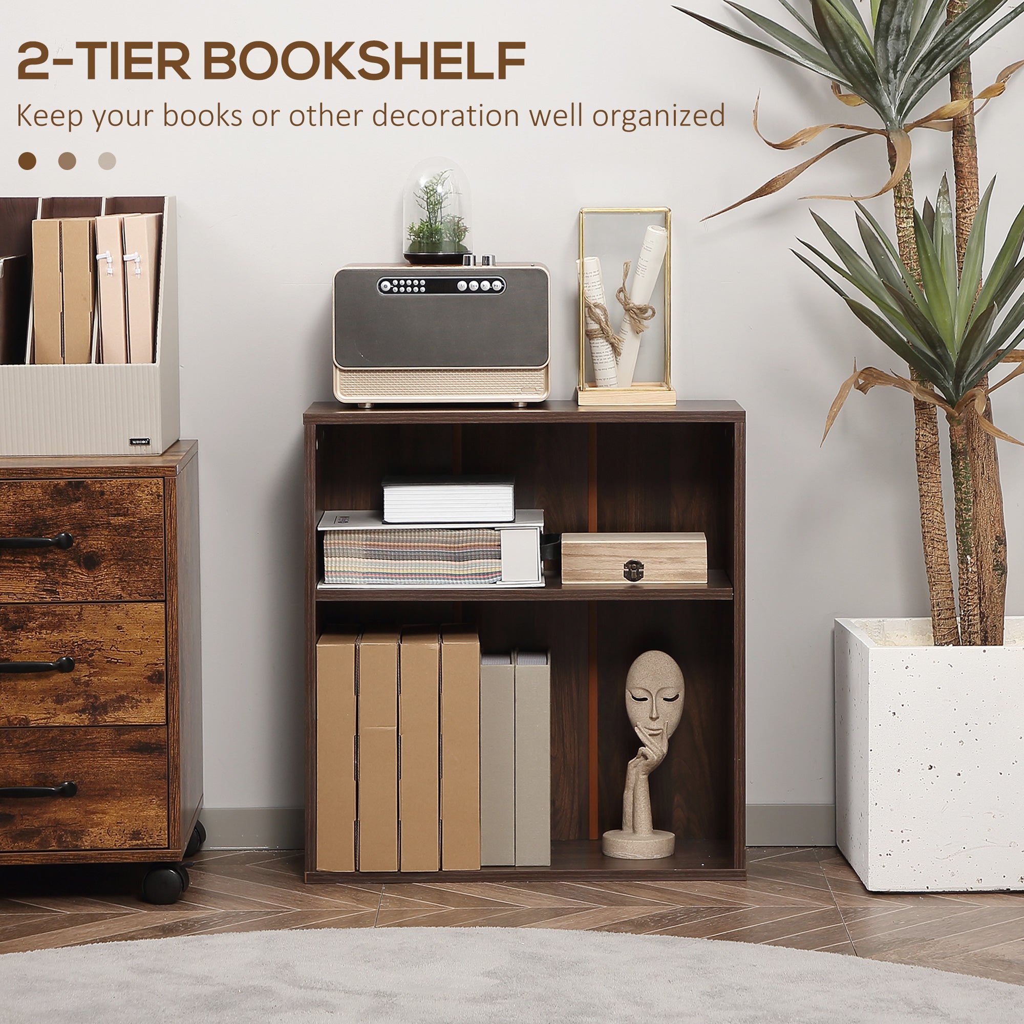 Wood Small Bookshelf 2 Tier Storage Rack Chest Unit Home Office Furniture Walnut-Home Furnishings > Storage & Organization > Bookshelves & Bookcases > Small Bookshelves-DECOROLALA