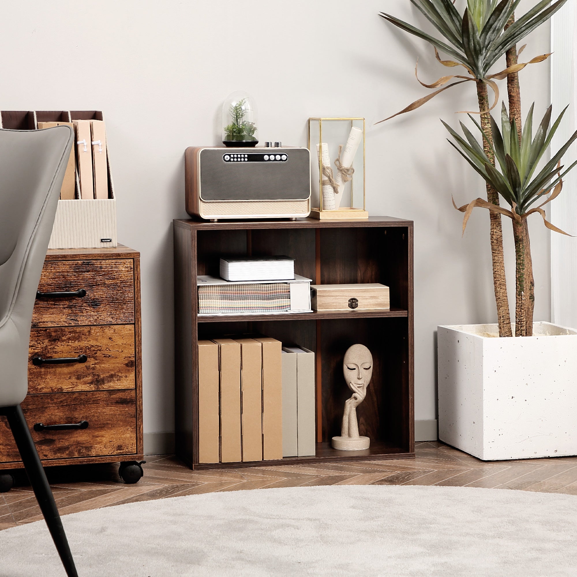 Wood Small Bookshelf 2 Tier Storage Rack Chest Unit Home Office Furniture Walnut-Home Furnishings > Storage & Organization > Bookshelves & Bookcases > Small Bookshelves-DECOROLALA