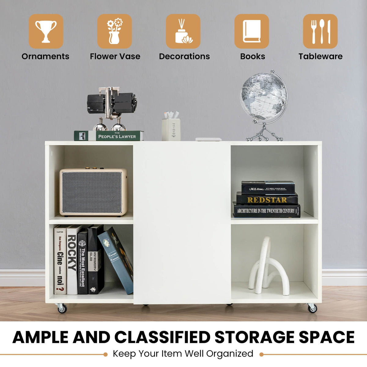 Wood Storage Cabinet with Wheels and 6 Compartments-White-File Cabinets-DECOROLALA