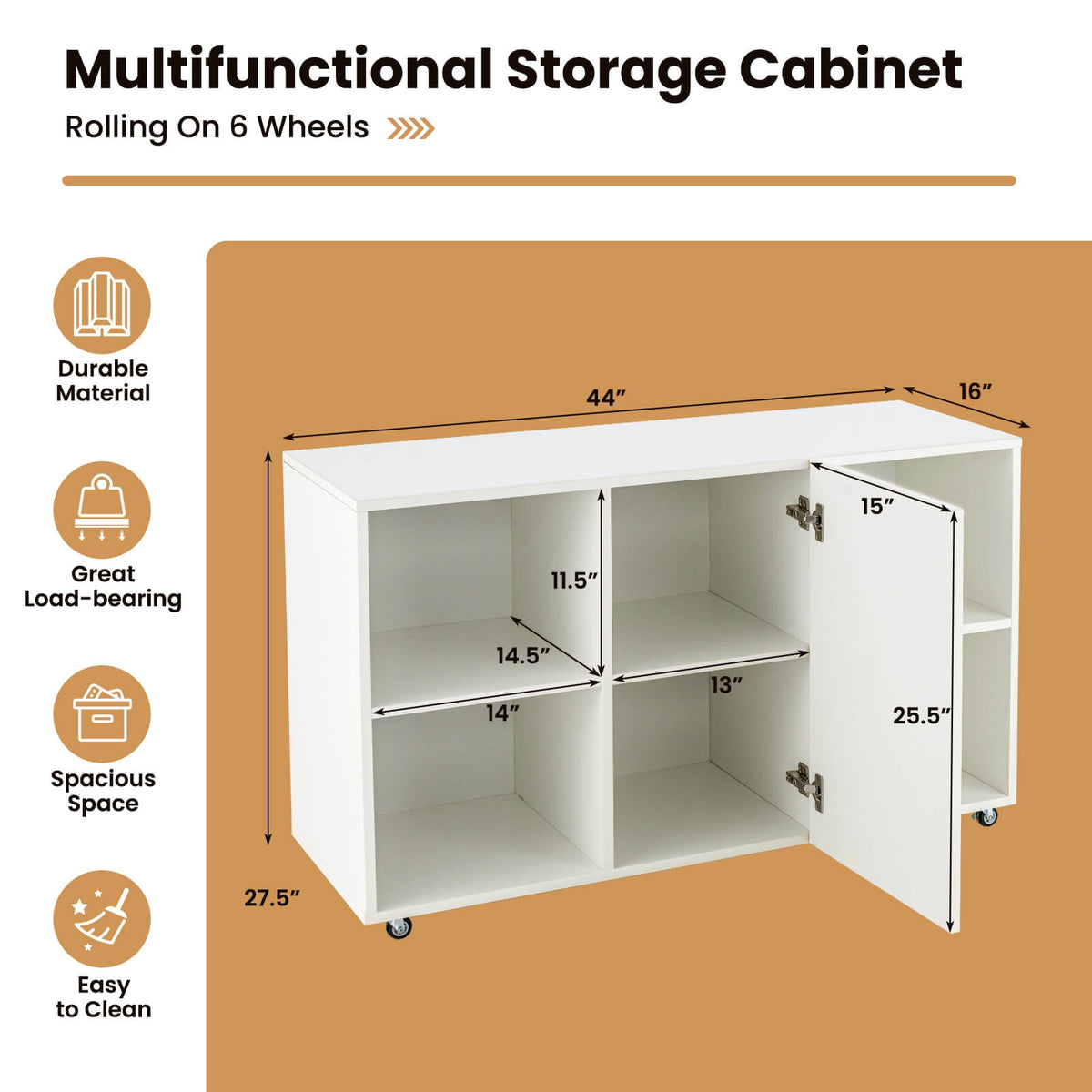 Wood Storage Cabinet with Wheels and 6 Compartments-White-File Cabinets-DECOROLALA