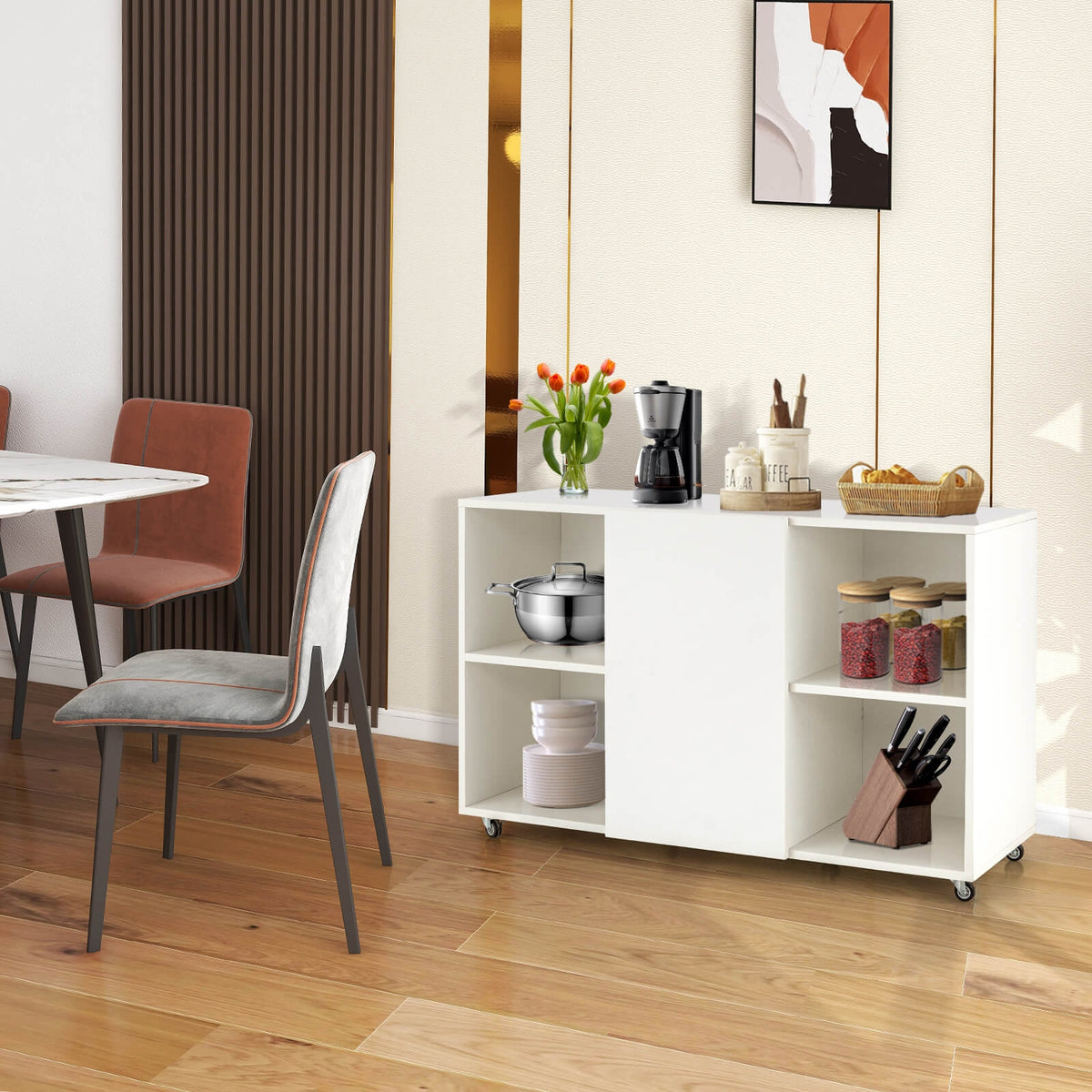 Wood Storage Cabinet with Wheels and 6 Compartments-White-File Cabinets-DECOROLALA