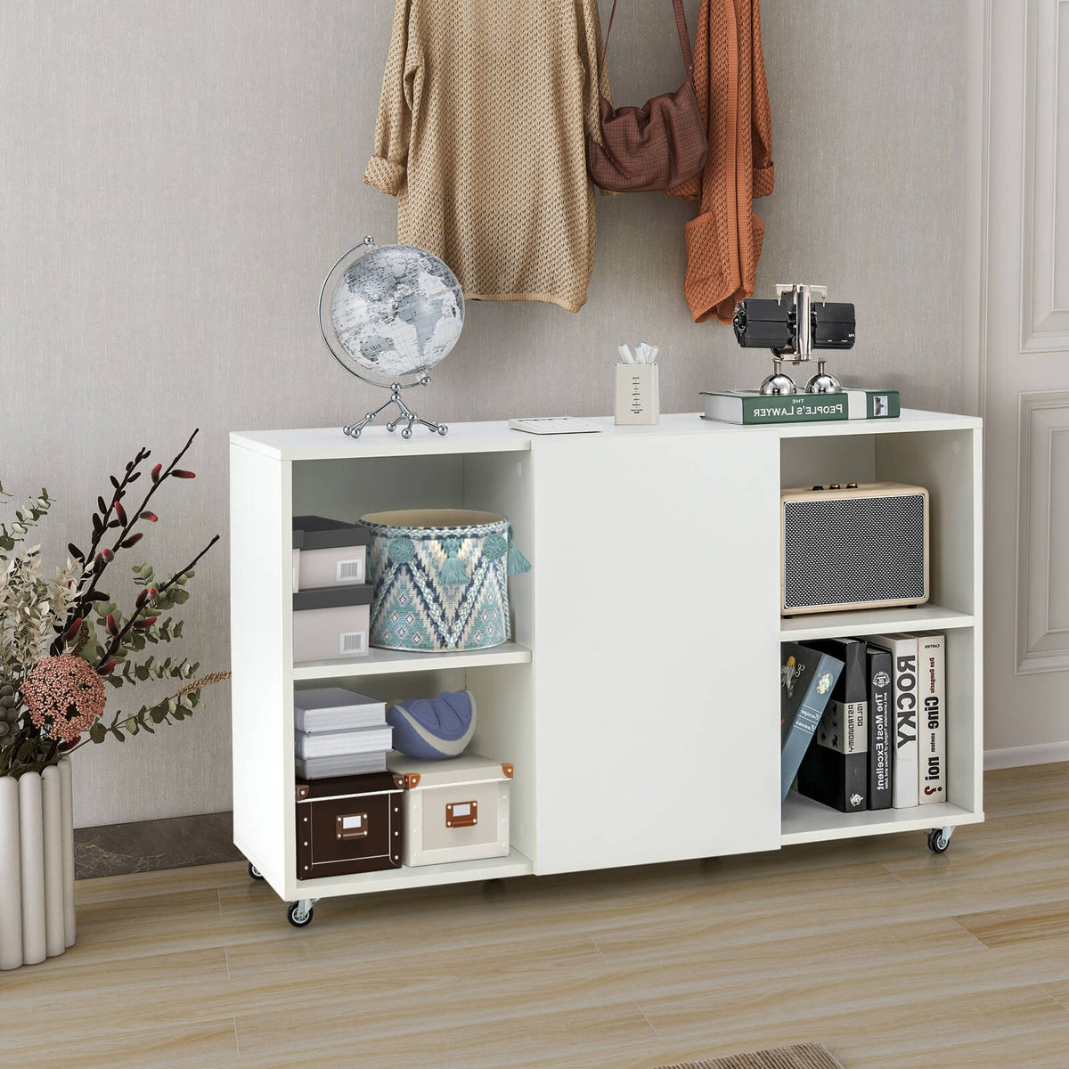 Wood Storage Cabinet with Wheels and 6 Compartments-White-File Cabinets-DECOROLALA