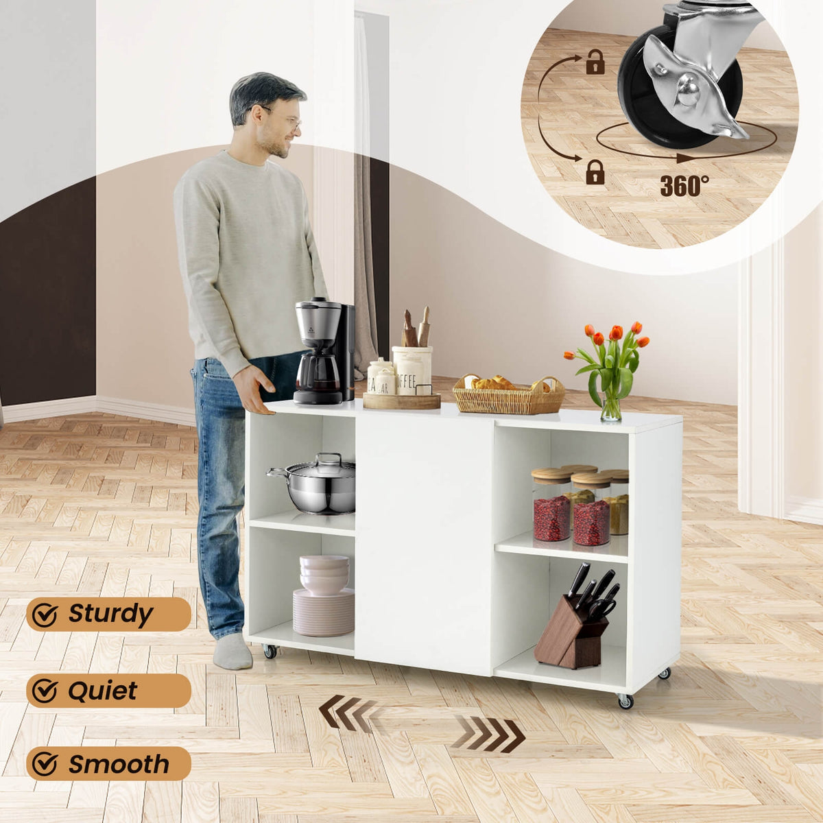 Wood Storage Cabinet with Wheels and 6 Compartments-White-File Cabinets-DECOROLALA
