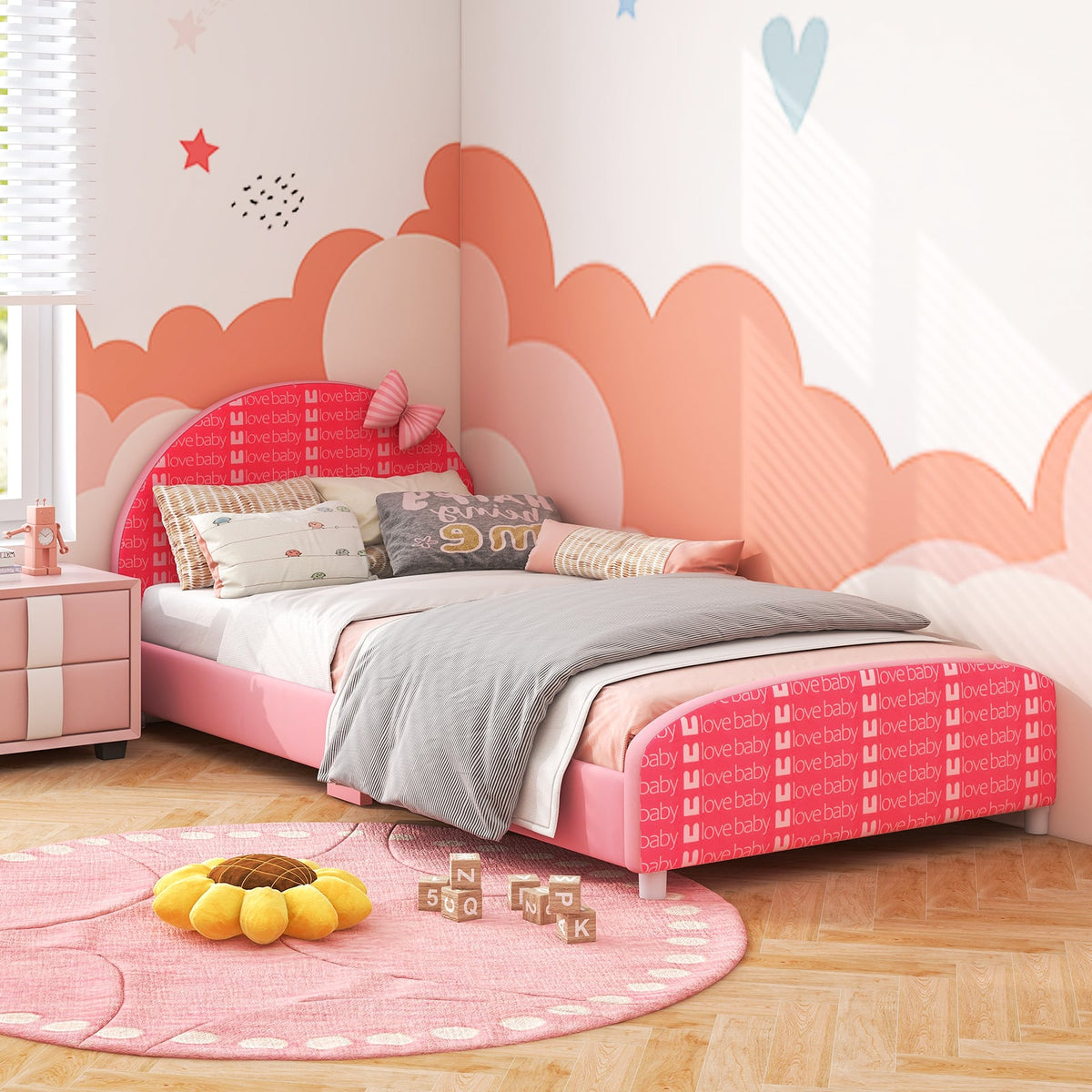 Wood Upholstered Twin Bed Platform with Slat Support-Pink-Toddler Beds-DECOROLALA