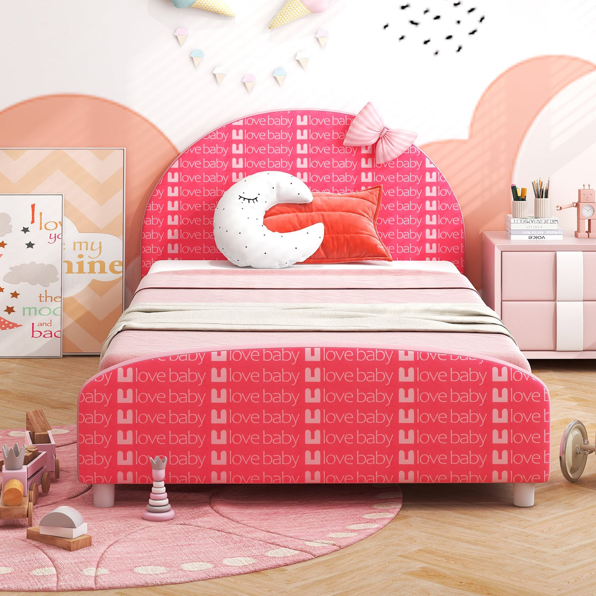 Wood Upholstered Twin Bed Platform with Slat Support-Pink-Toddler Beds-DECOROLALA