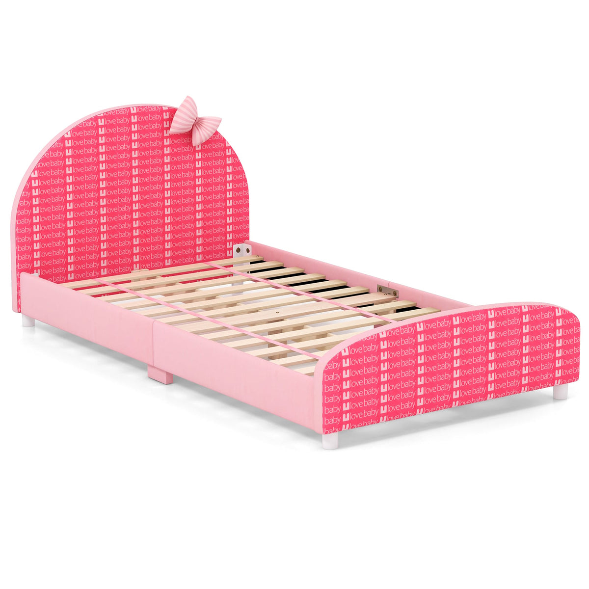 Wood Upholstered Twin Bed Platform with Slat Support-Pink-Toddler Beds-DECOROLALA