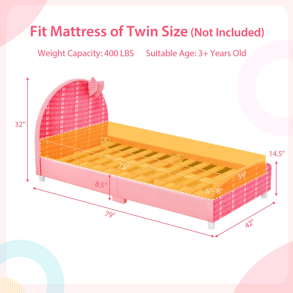 Wood Upholstered Twin Bed Platform with Slat Support-Pink-Toddler Beds-DECOROLALA