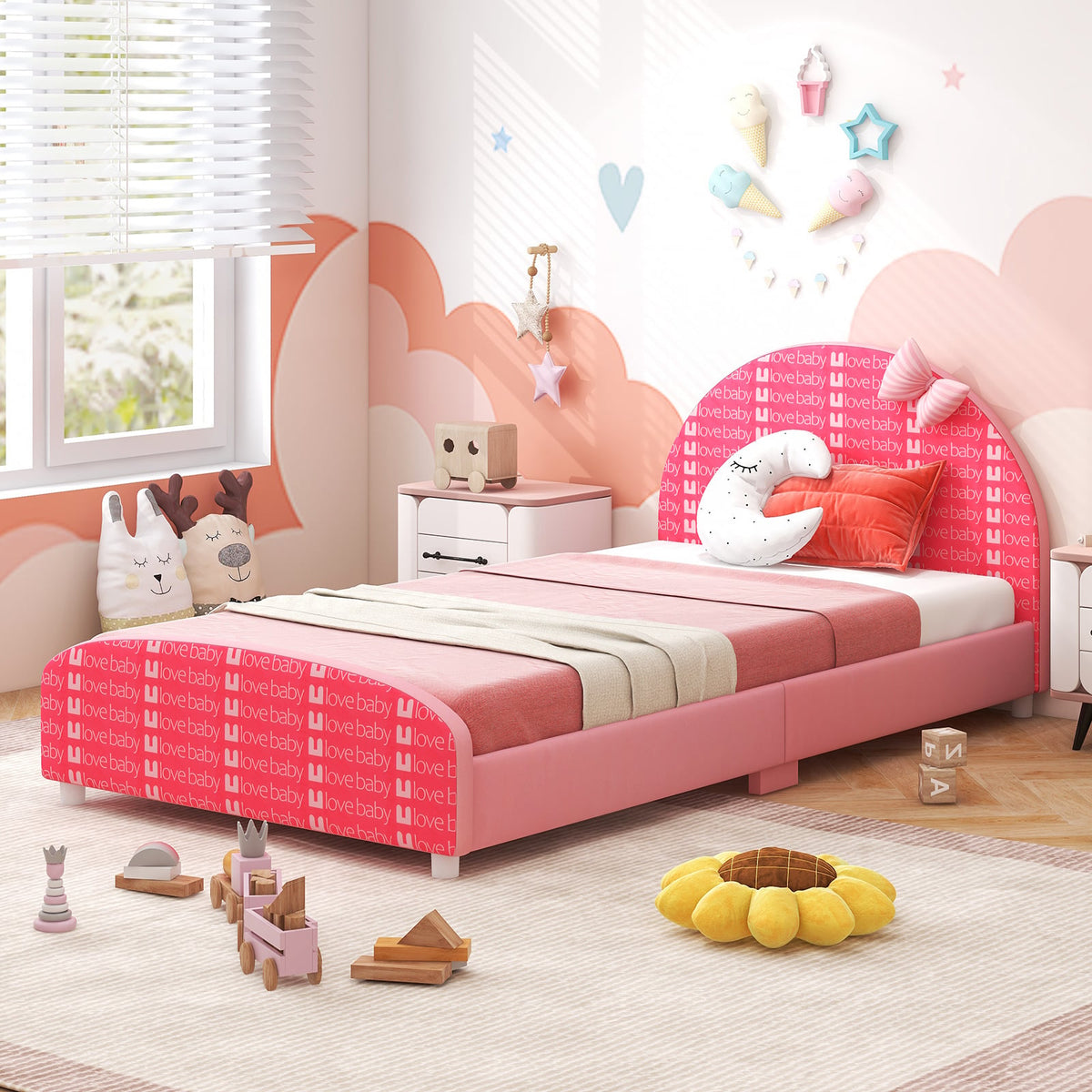 Wood Upholstered Twin Bed Platform with Slat Support-Pink-Toddler Beds-DECOROLALA