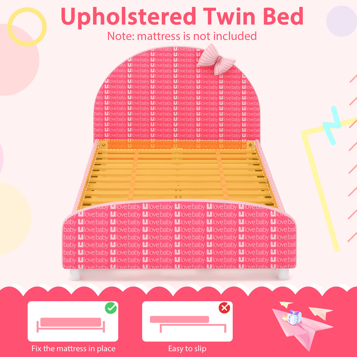 Wood Upholstered Twin Bed Platform with Slat Support-Pink-Toddler Beds-DECOROLALA