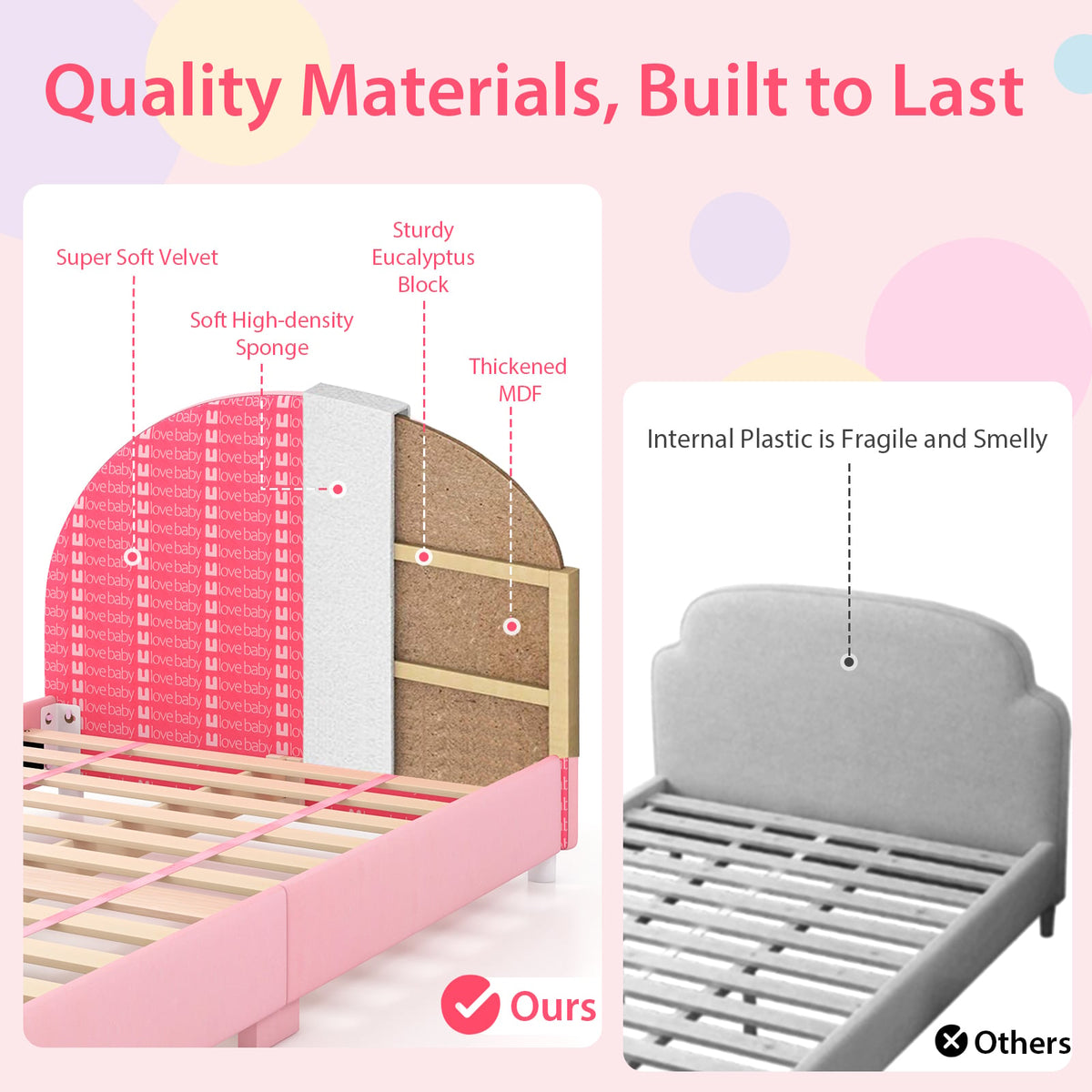 Wood Upholstered Twin Bed Platform with Slat Support-Pink-Toddler Beds-DECOROLALA