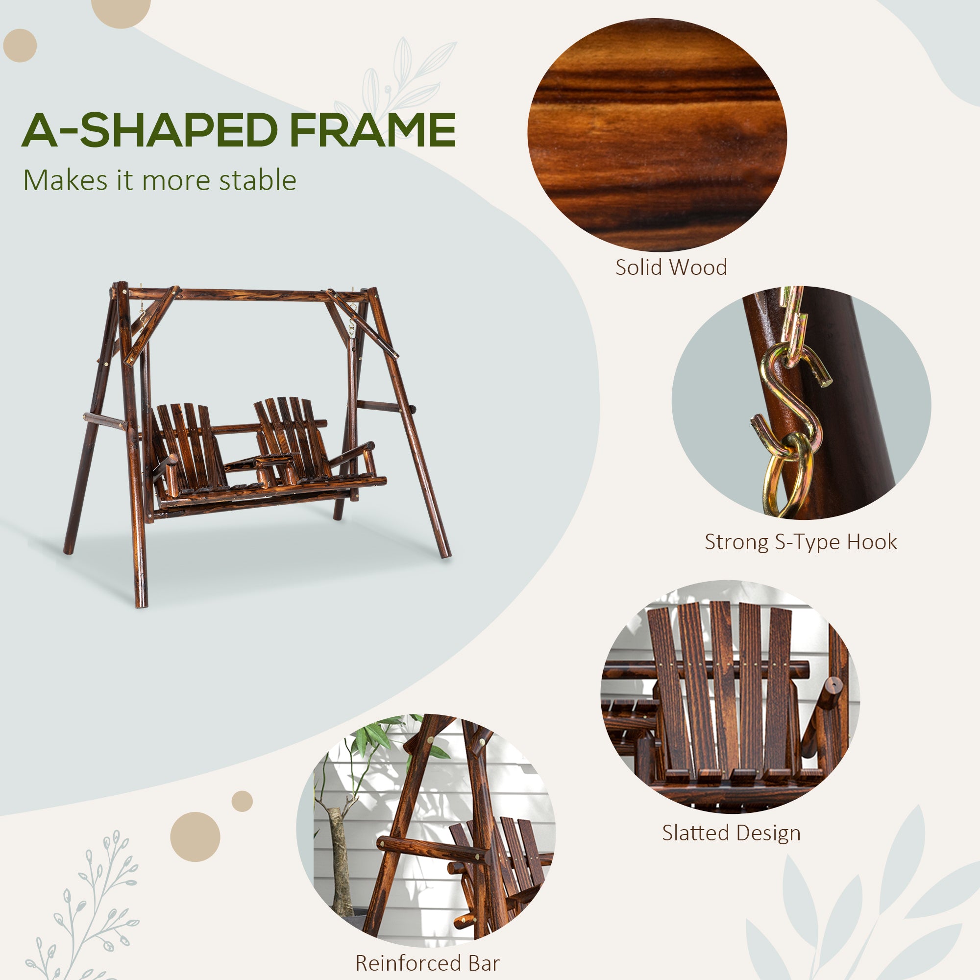 Wooden 2-Seat A-Frame Porch Swing w/ Table-DECOROLALA