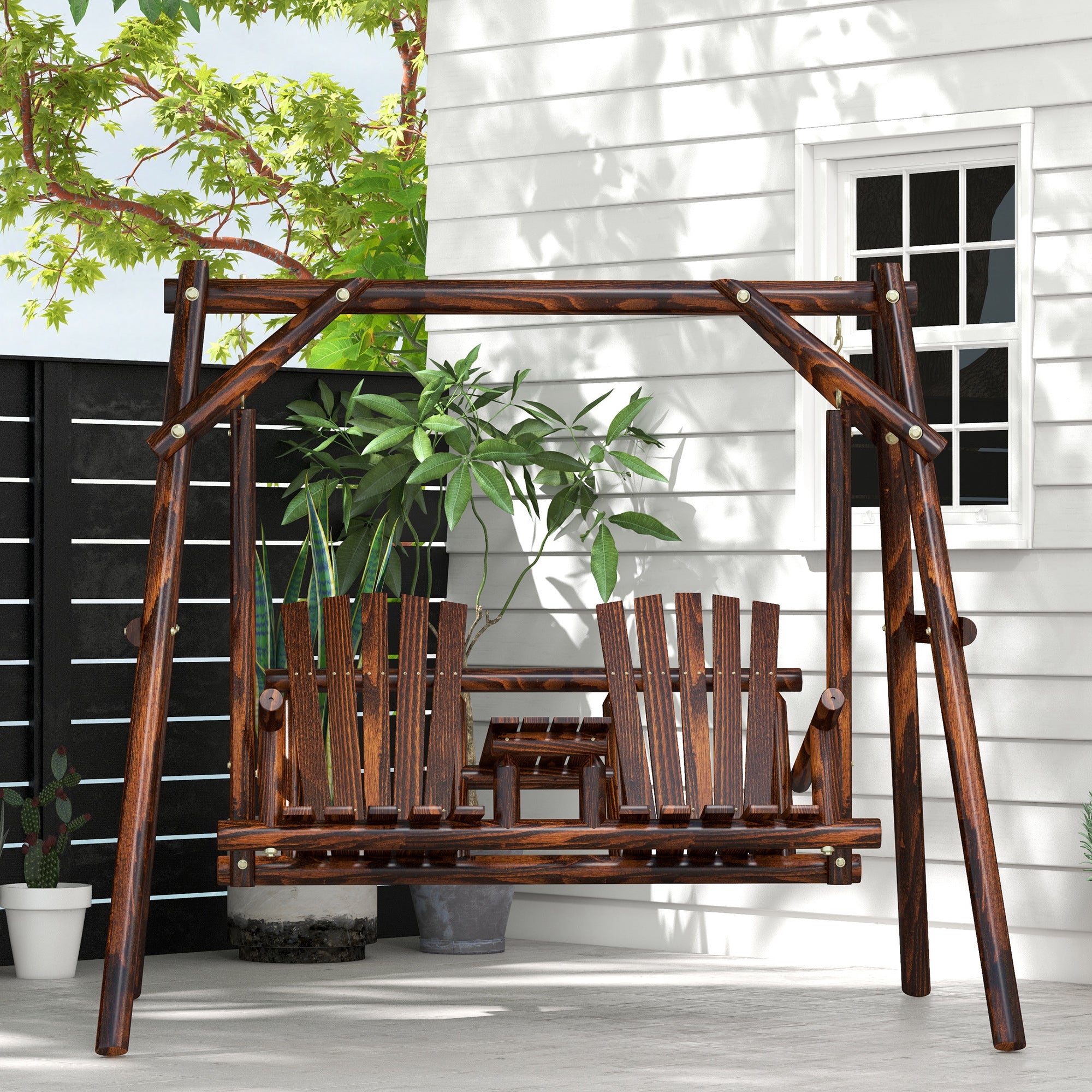 Wooden 2-Seat A-Frame Porch Swing w/ Table-DECOROLALA