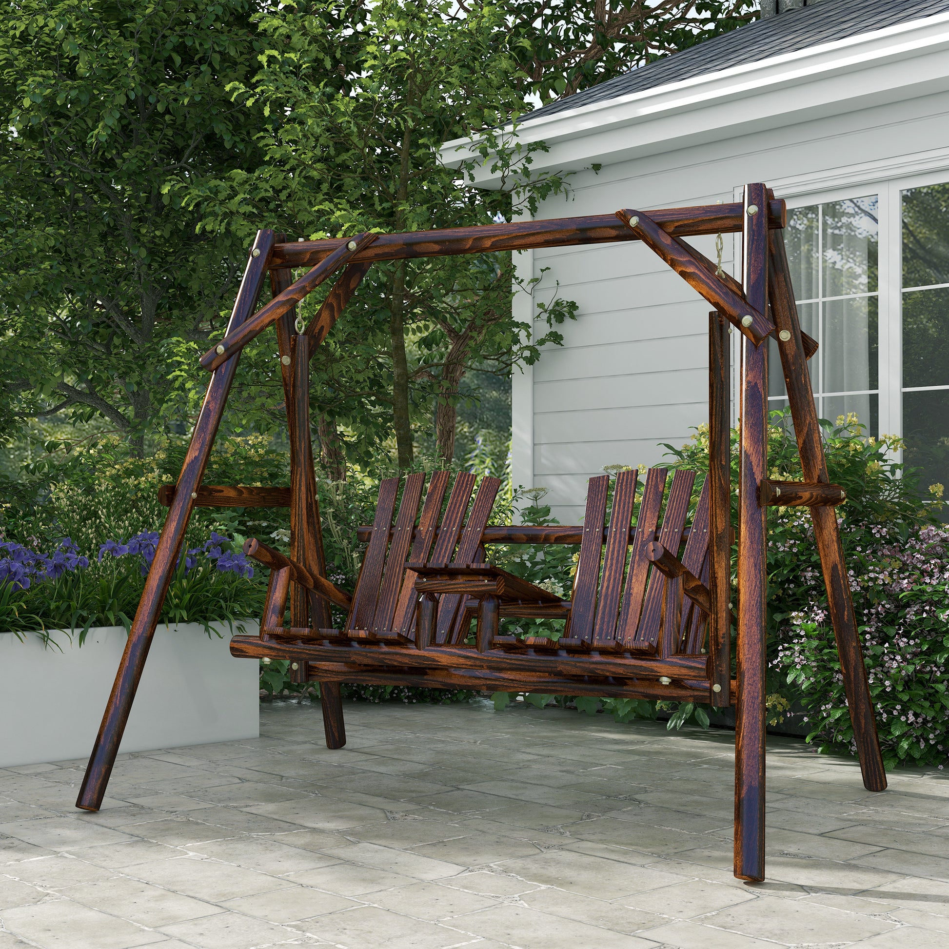Wooden 2-Seat A-Frame Porch Swing w/ Table-DECOROLALA