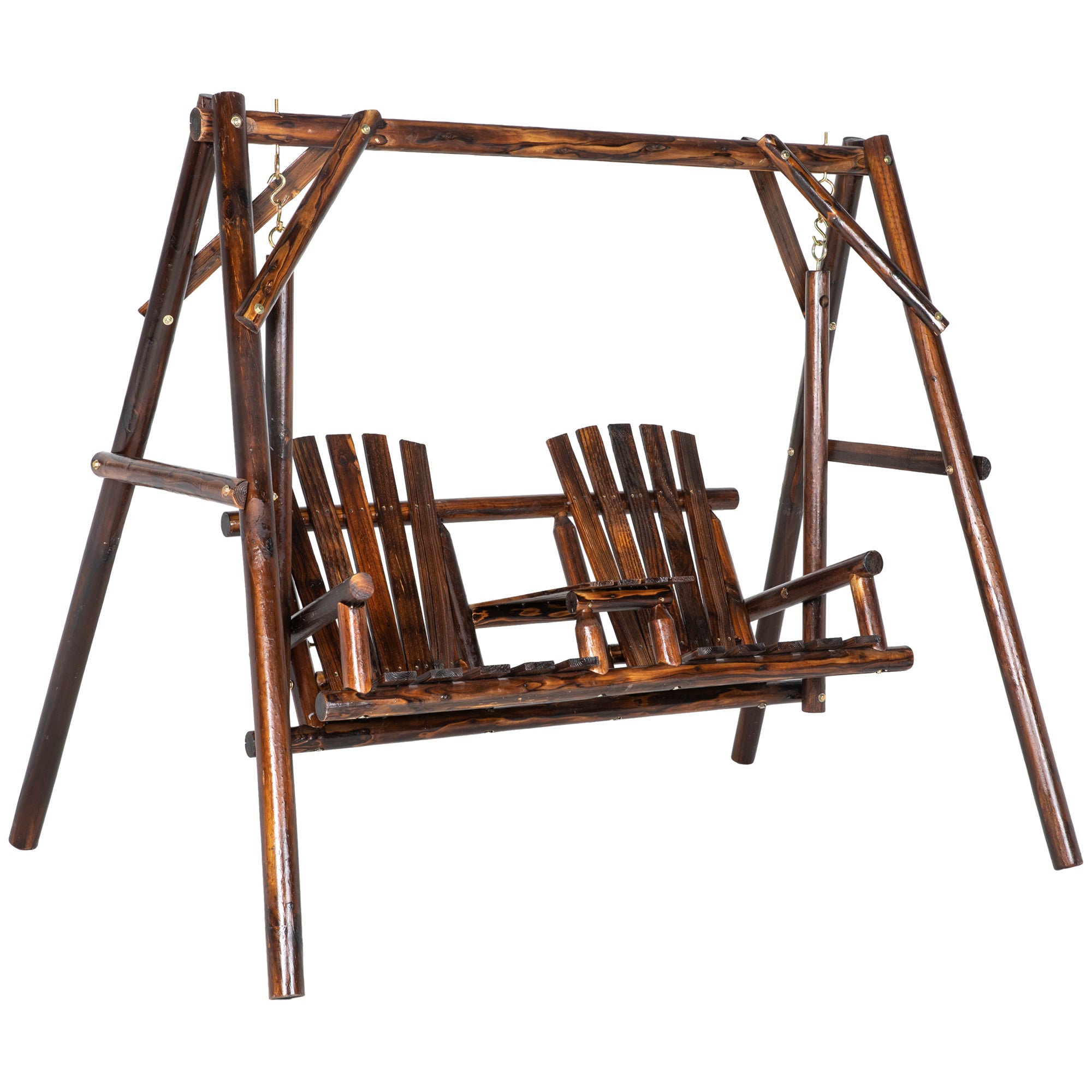 Wooden 2-Seat A-Frame Porch Swing w/ Table-DECOROLALA