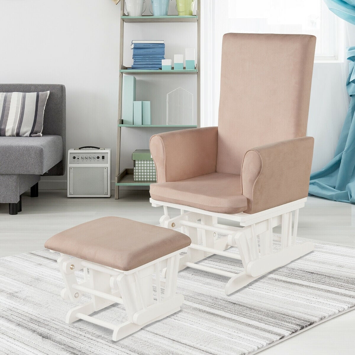 Wooden Baby Nursery Glider and Ottoman Cushion Set-Pink-Recliners-DECOROLALA