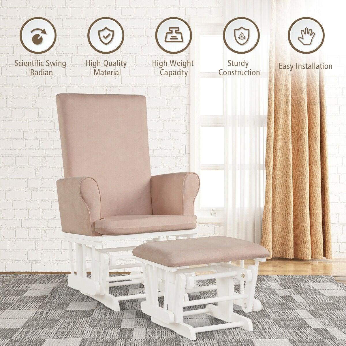 Wooden Baby Nursery Glider and Ottoman Cushion Set-Pink-Recliners-DECOROLALA