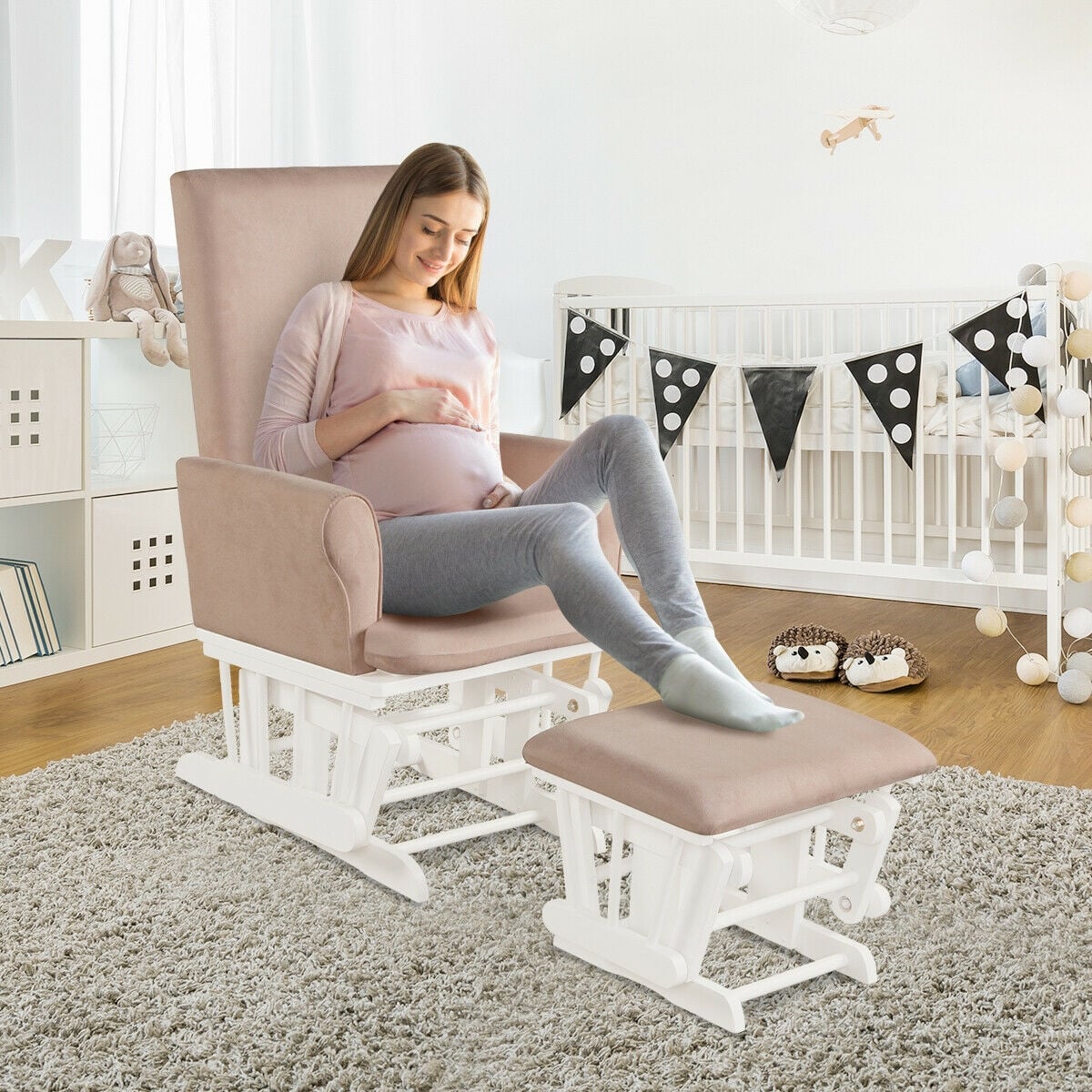Wooden Baby Nursery Glider and Ottoman Cushion Set-Pink-Recliners-DECOROLALA