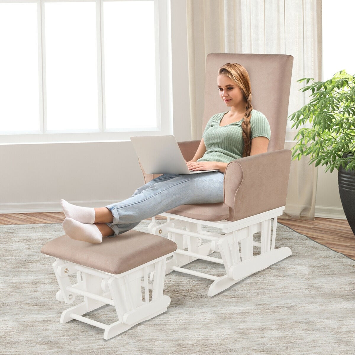 Wooden Baby Nursery Glider and Ottoman Cushion Set-Pink-Recliners-DECOROLALA