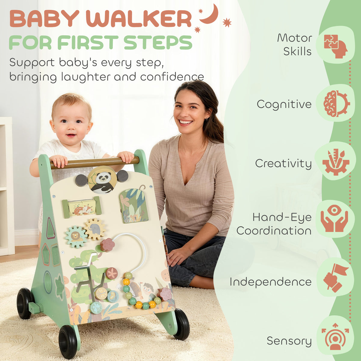 Wooden Baby Walker, Push Along Walker Toys with Speed Control, Xylophone, gears and Bead Maze, Green-Toys & Games > Baby & Toddler Toys-DECOROLALA