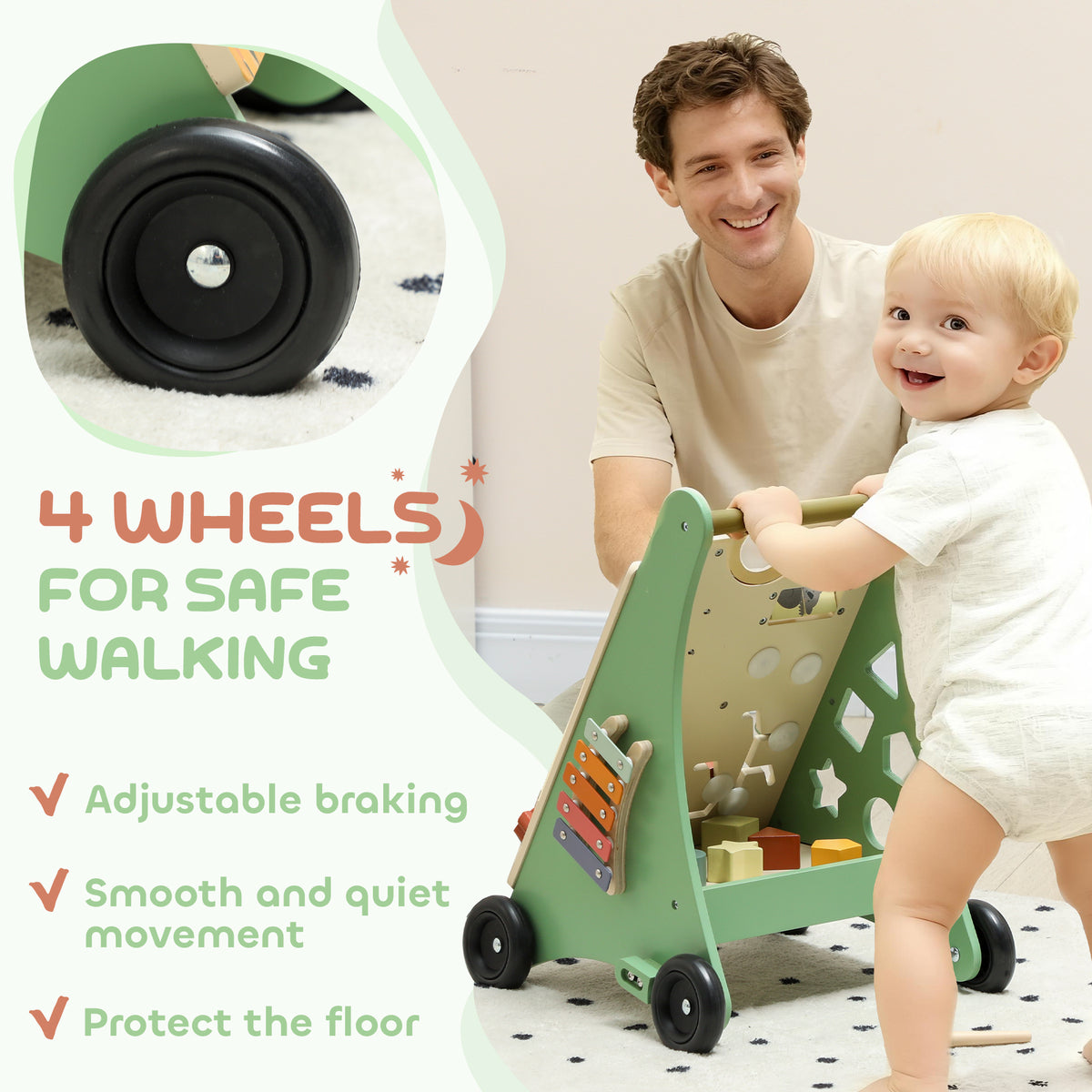 Wooden Baby Walker, Push Along Walker Toys with Speed Control, Xylophone, gears and Bead Maze, Green-Toys & Games > Baby & Toddler Toys-DECOROLALA