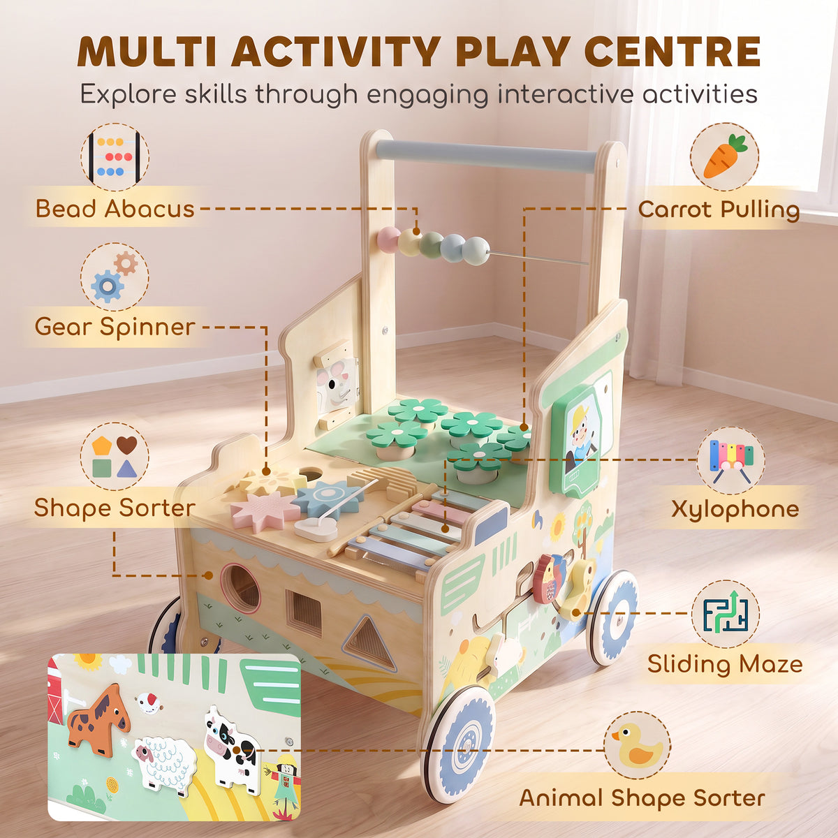 Wooden Baby Walker for 1-3 Year, Montessori Inspired Push Along Walker Toys, Multifunctional Activity Centre-Toys & Games > Baby & Toddler Toys-DECOROLALA