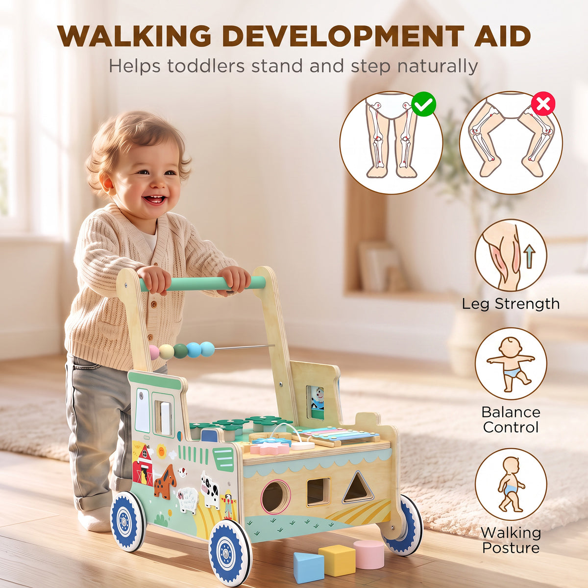 Wooden Baby Walker for 1-3 Year, Montessori Inspired Push Along Walker Toys, Multifunctional Activity Centre-Toys & Games > Baby & Toddler Toys-DECOROLALA