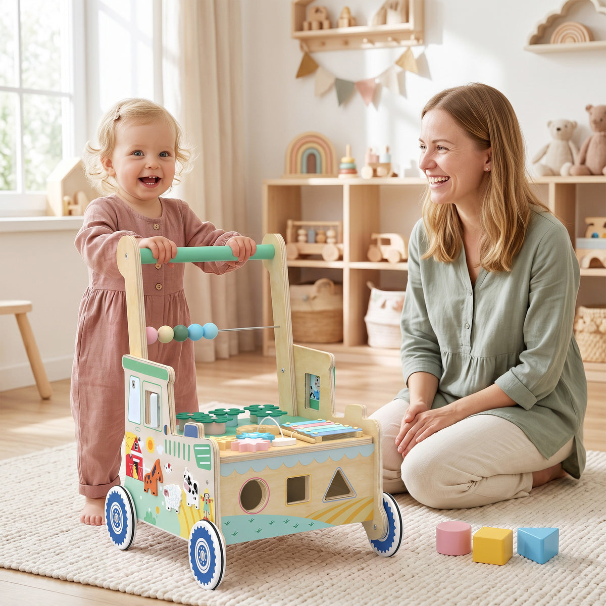 Wooden Baby Walker for 1-3 Year, Montessori Inspired Push Along Walker Toys, Multifunctional Activity Centre-Toys & Games > Baby & Toddler Toys-DECOROLALA