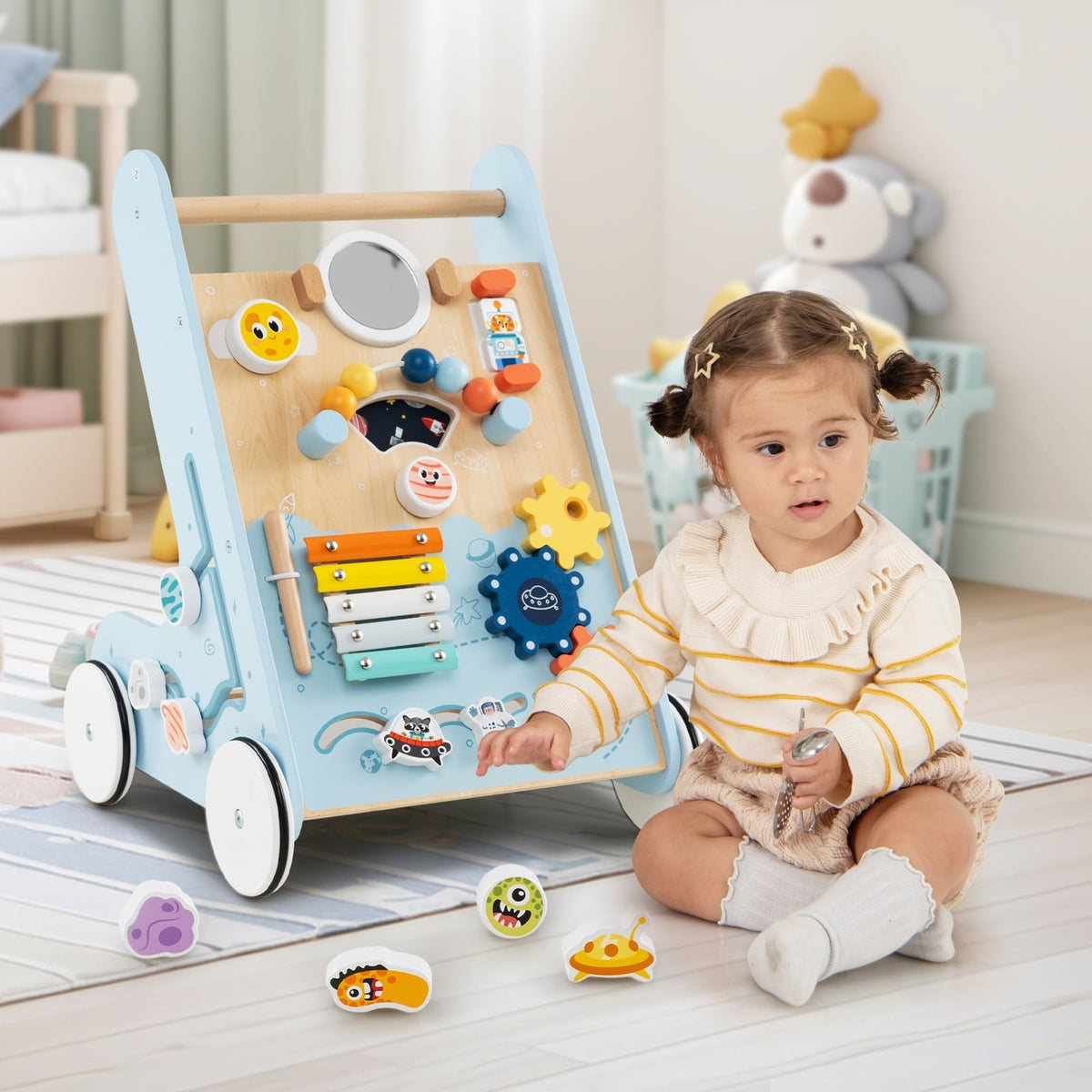 Wooden Baby Walker Push and Pull Learning Activity Center with Wheels for Toddlers 1+ Years Old-Green-Baby Activity Toys-DECOROLALA