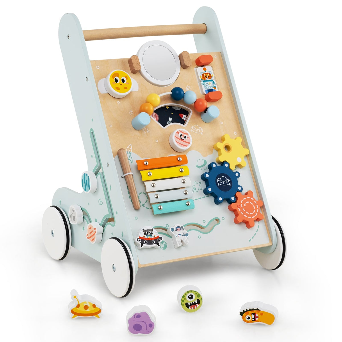 Wooden Baby Walker Push and Pull Learning Activity Center with Wheels for Toddlers 1+ Years Old-Green-Baby Activity Toys-DECOROLALA