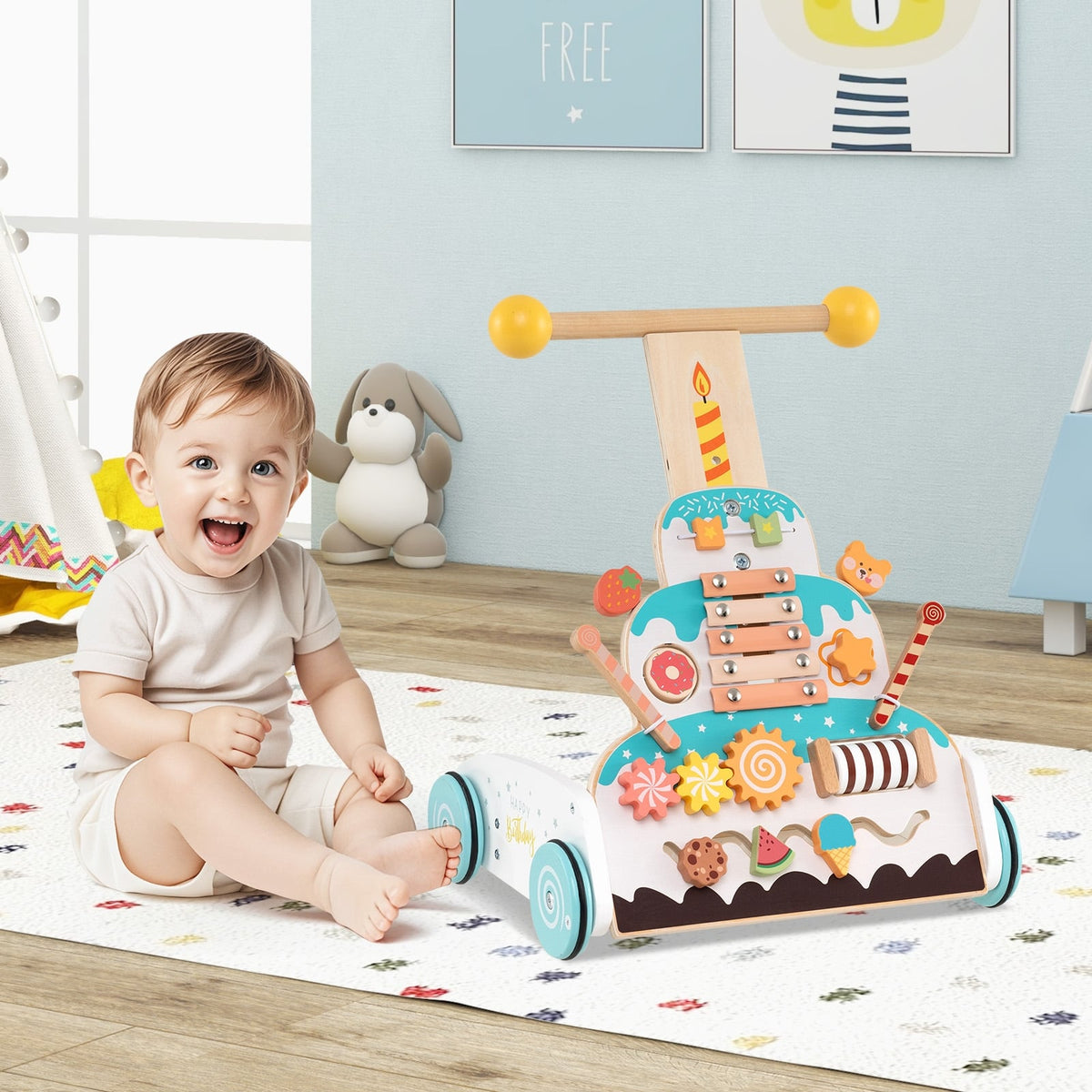 Wooden Baby Walker with Adjustable Heights and Smooth Wheels-White-Baby Walkers-DECOROLALA