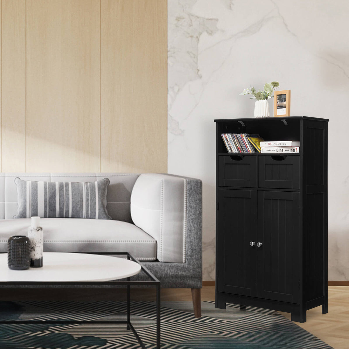 Wooden Bathroom Floor Cabinet with 2 Drawers & 2 Doors - White-Bathroom Floor Cabinets-DECOROLALA