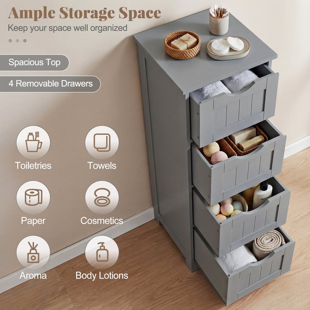 Wooden Bathroom Floor Cabinet with 4 Drawers - Gray 32.5" H-Floor Cabinets-DECOROLALA