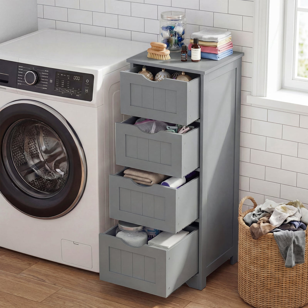 Wooden Bathroom Floor Cabinet with 4 Drawers - Gray 32.5" H-Floor Cabinets-DECOROLALA