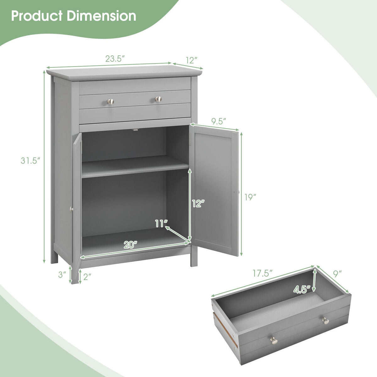 Wooden Bathroom Floor Cabinet with Drawer - Gray 24" MDF-Floor Cabinets-DECOROLALA