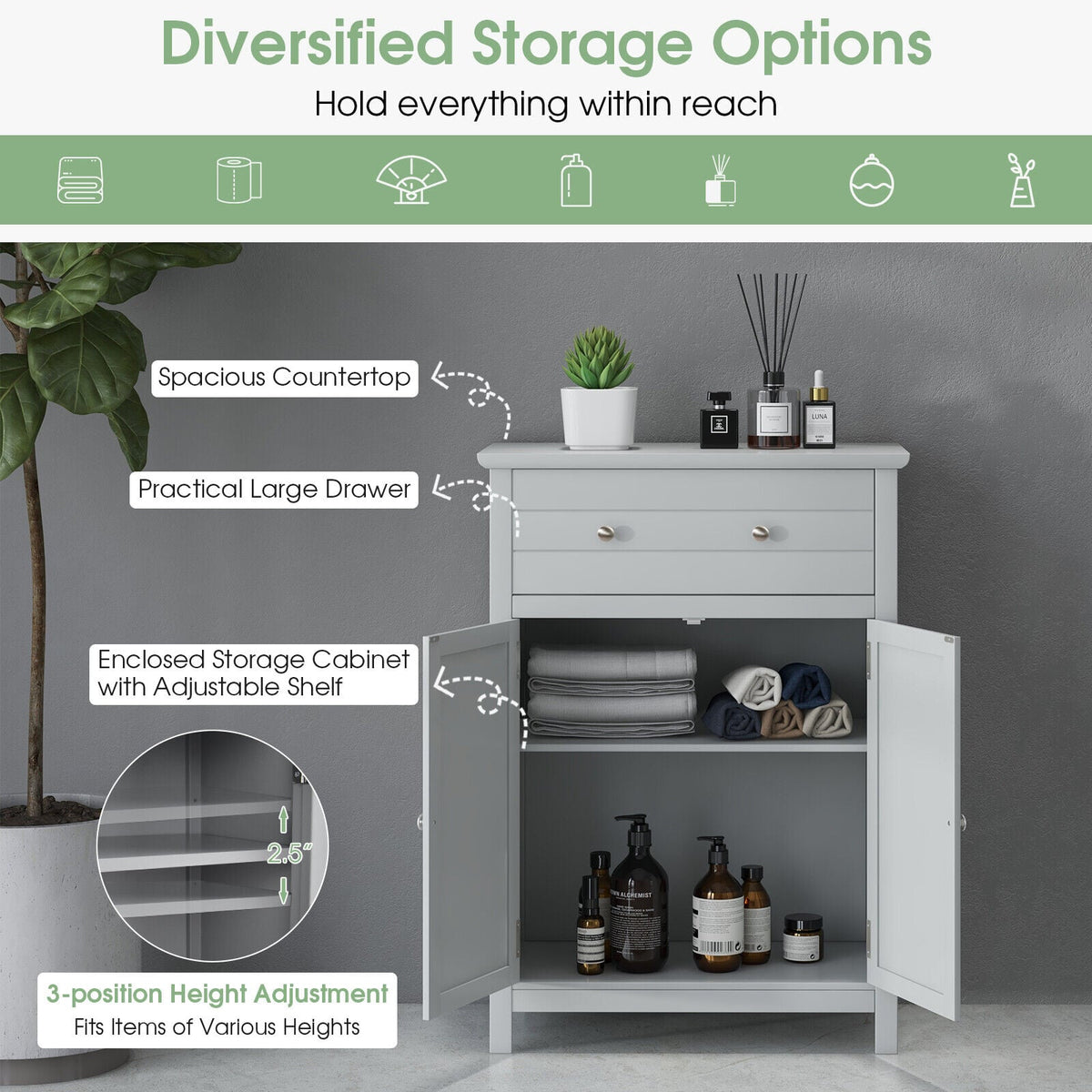 Wooden Bathroom Floor Cabinet with Drawer - Gray 24" MDF-Floor Cabinets-DECOROLALA