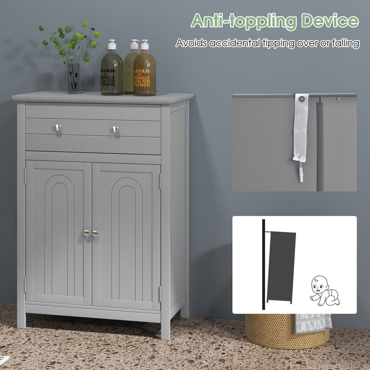 Wooden Bathroom Floor Cabinet with Drawer - Gray 24" MDF-Floor Cabinets-DECOROLALA