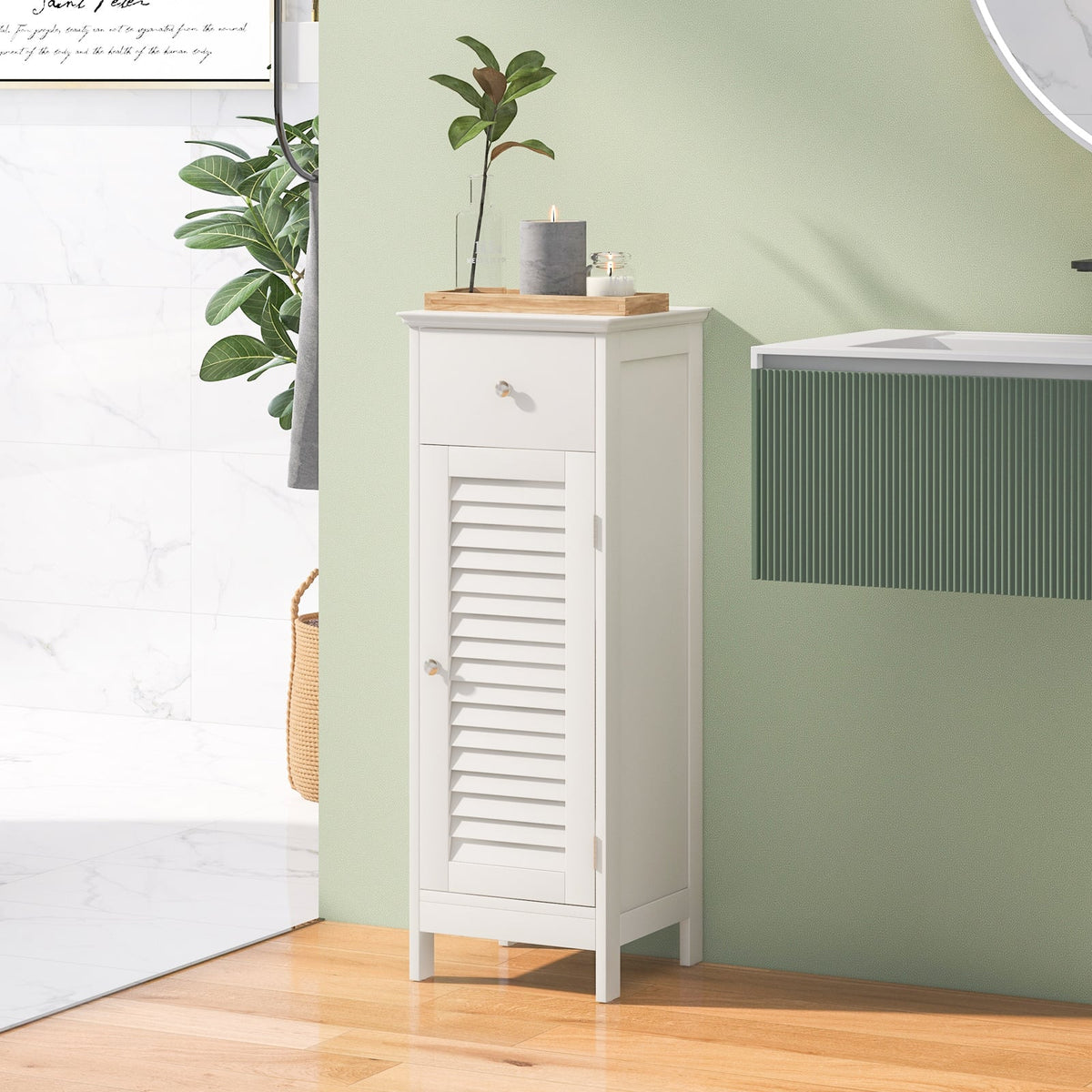 Wooden Bathroom Floor Cabinet with Drawer and Shutter Door - White-Floor Cabinets-DECOROLALA
