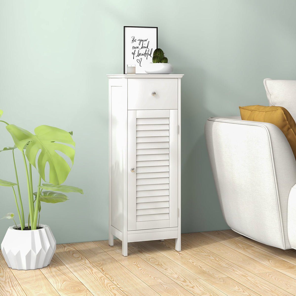 Wooden Bathroom Floor Cabinet with Drawer and Shutter Door - White-Floor Cabinets-DECOROLALA