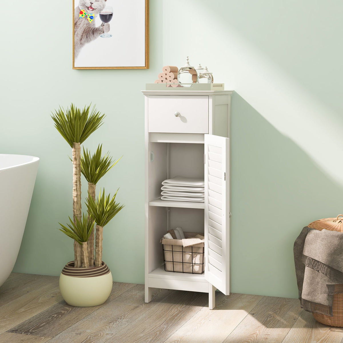 Wooden Bathroom Floor Cabinet with Drawer and Shutter Door - White-Floor Cabinets-DECOROLALA