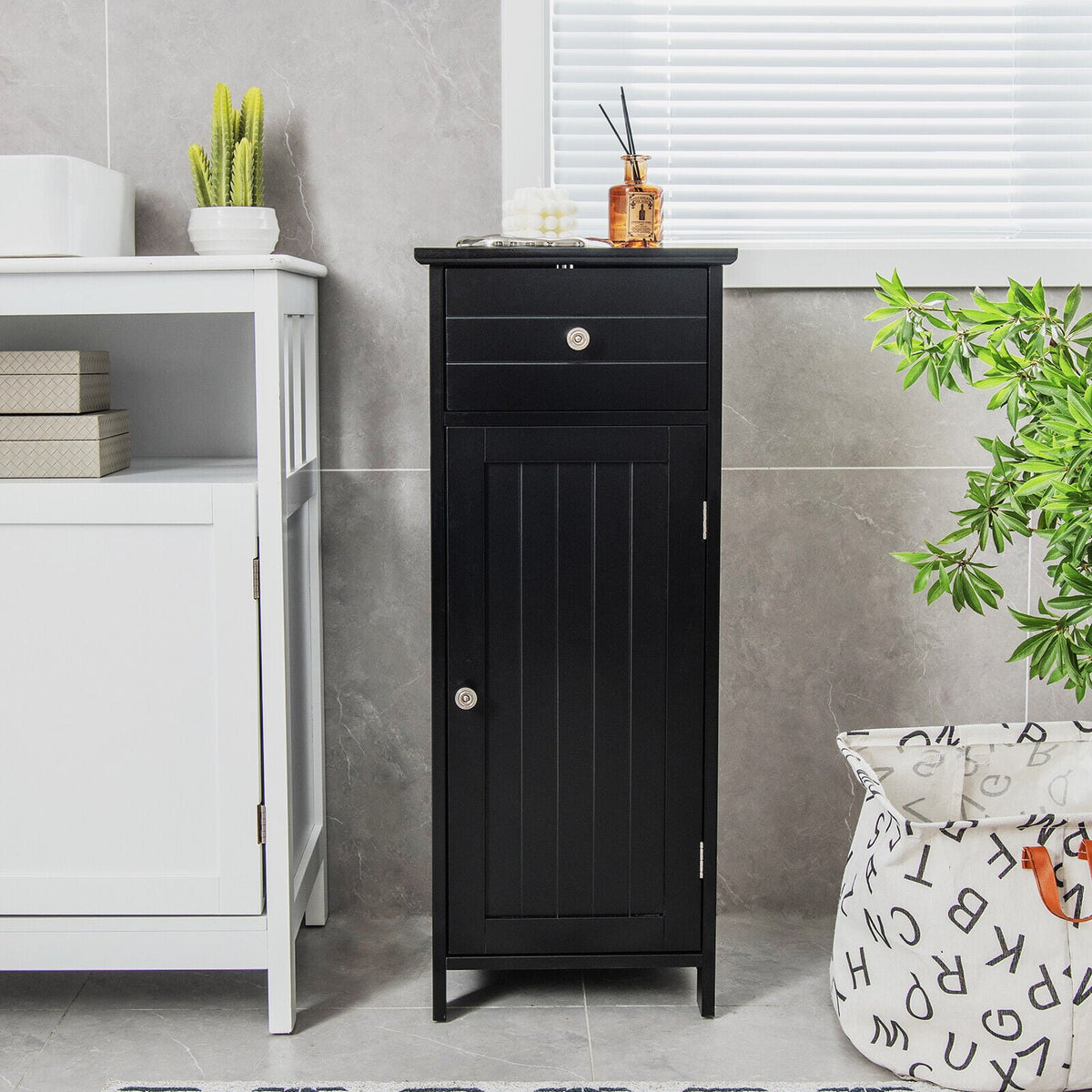 Wooden Bathroom Floor Storage Cabinet with Drawer - Black 34.5"-Floor Cabinets-DECOROLALA