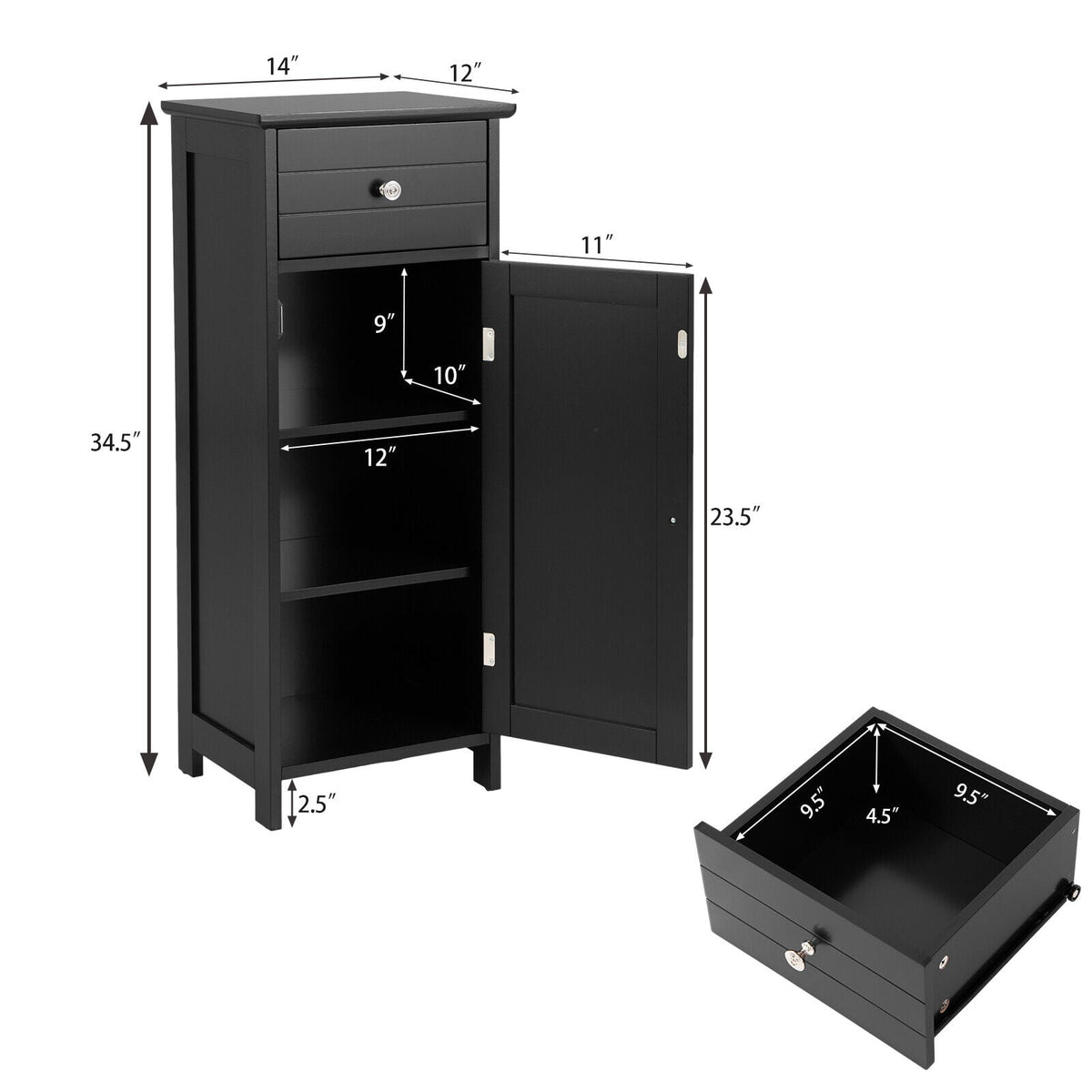 Wooden Bathroom Floor Storage Cabinet with Drawer - Black 34.5"-Floor Cabinets-DECOROLALA