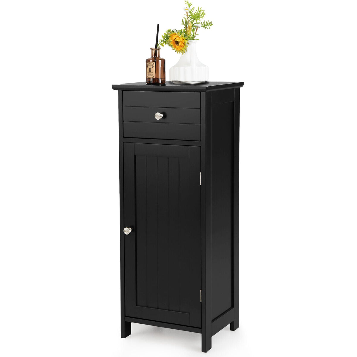 Wooden Bathroom Floor Storage Cabinet with Drawer - Black 34.5"-Floor Cabinets-DECOROLALA