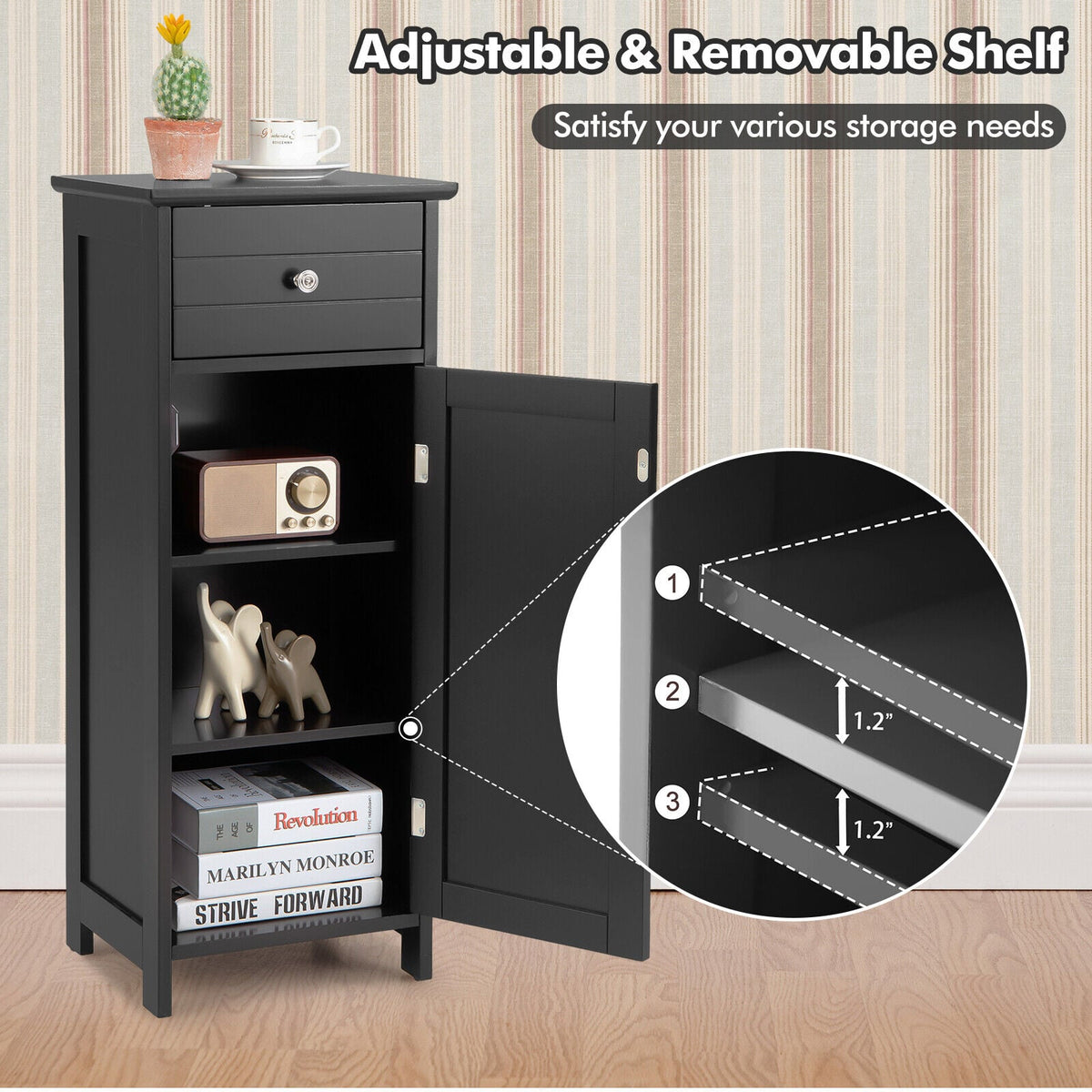 Wooden Bathroom Floor Storage Cabinet with Drawer - Black 34.5"-Floor Cabinets-DECOROLALA