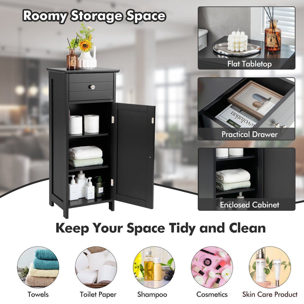 Wooden Bathroom Floor Storage Cabinet with Drawer - Black 34.5"-Floor Cabinets-DECOROLALA