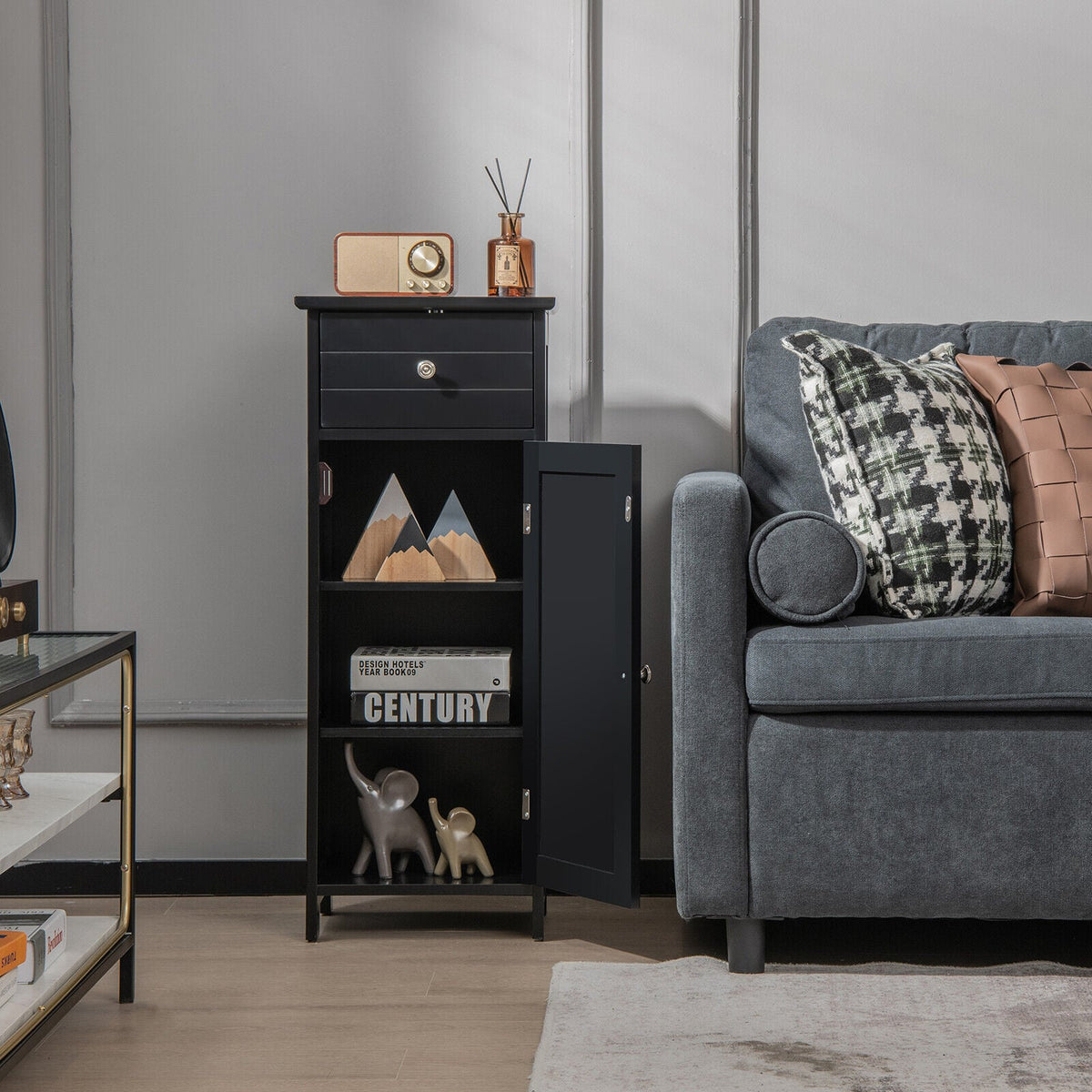 Wooden Bathroom Floor Storage Cabinet with Drawer - Black 34.5"-Floor Cabinets-DECOROLALA