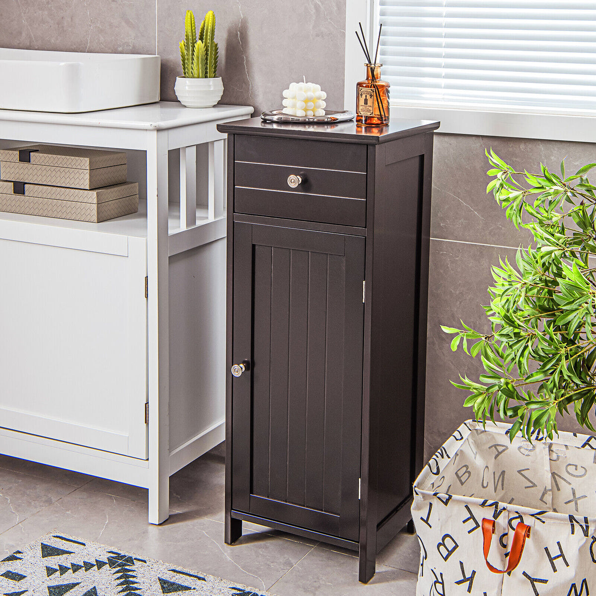 Wooden Bathroom Floor Storage Cabinet with Drawer - Brown-Floor Cabinets-DECOROLALA