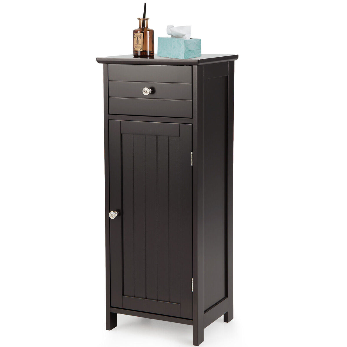Wooden Bathroom Floor Storage Cabinet with Drawer - Brown-Floor Cabinets-DECOROLALA